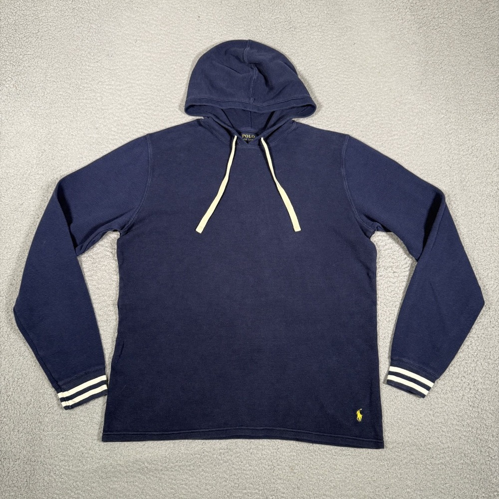 Polo Ralph Lauren Hoodie Mens Medium Blue Waffle Knit Pullover Cotton Preppy